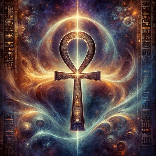 Ankh, the ancient Egyptian symbol of life, on a mystical golden background