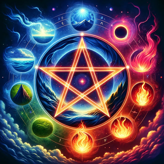 Pentagram, the five-pointed star, ringed by the four elements and spirit