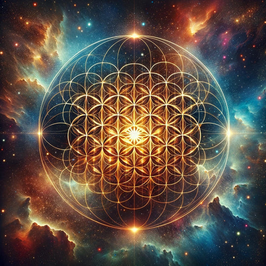 Flower of Life sacred geometry pattern of overlapping circles on a cosmic ground