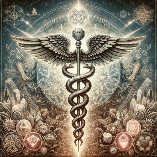 Caduceus, twin serpents around a winged staff, an ancient symbol of balance and exchange