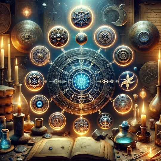 Collection of medieval alchemy symbols representing transformation and inner purification