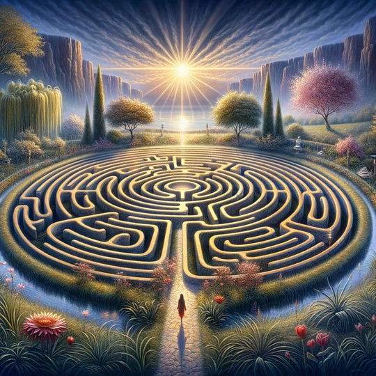 Single-path labyrinth in a tranquil garden, a symbol of life's journey and reflection