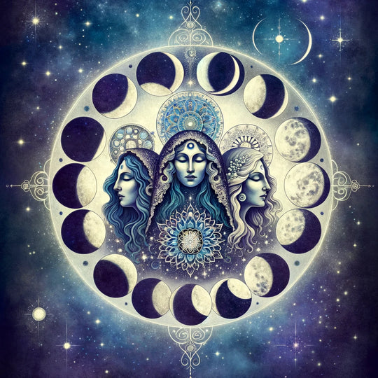 Triple Goddess symbol of maiden, mother and crone aligned with the moon's phases