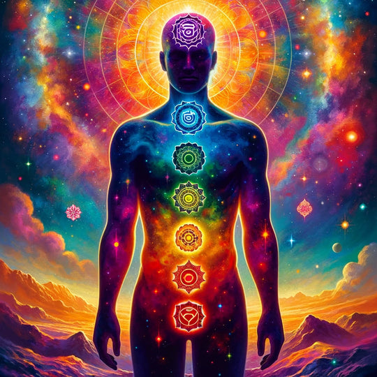 Human silhouette with the seven chakras aligned along the central axis on a cosmic ground