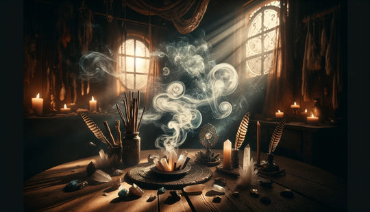 Una habitación con luz tenue, llena de humo de palo santo que se arremolina y crea un ambiente tranquilo para un ritual consciente de sahumado