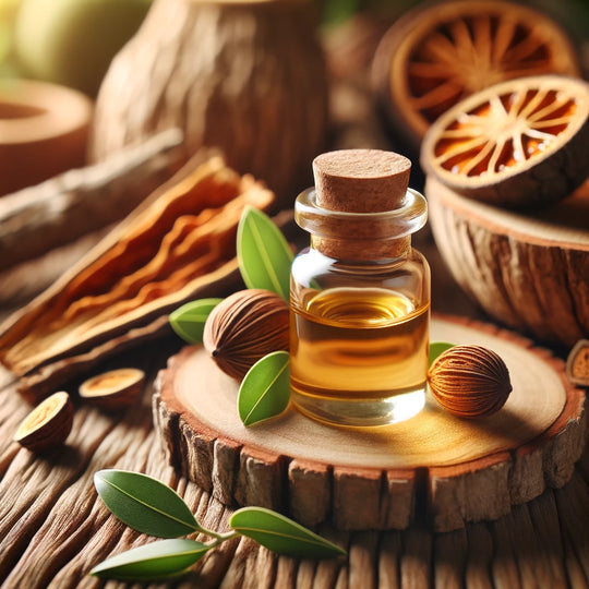 Una pequeña botella de vidrio con aceite esencial de Palo Santo, de color ámbar, sobre una superficie de madera natural para aromaterapia
