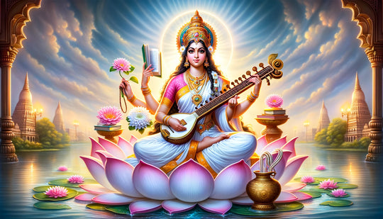 Saraswati the Hindu goddess of knowledge and music playing the veena in a scholarly setting