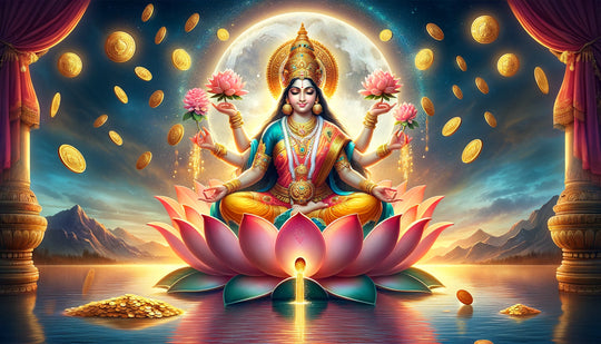 Lakshmi the Hindu goddess of wealth and prosperity seated on a lotus with flowing gold coins