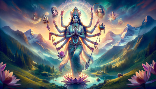 Parvati the Hindu goddess of power, fertility and beauty in a serene mountain landscape
