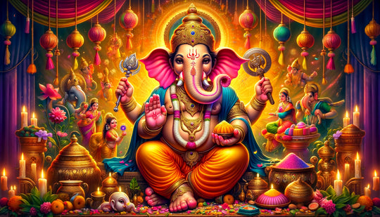 Ganesha the elephant-headed Hindu god of wisdom and remover of obstacles in a welcoming pose