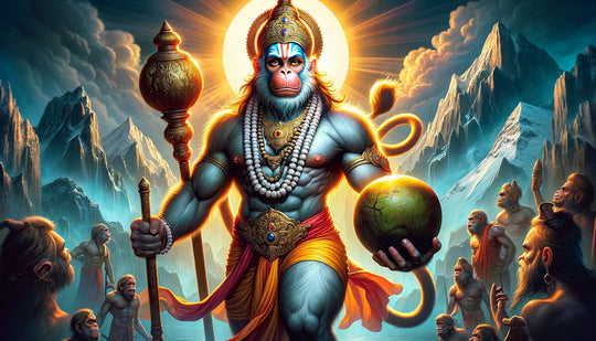 Hanuman the devoted Hindu deity carrying the Sanjeevani mountain in a moment of heroism