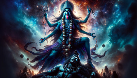 Kali the dark Hindu mother goddess depicted against a cosmic star-filled sky