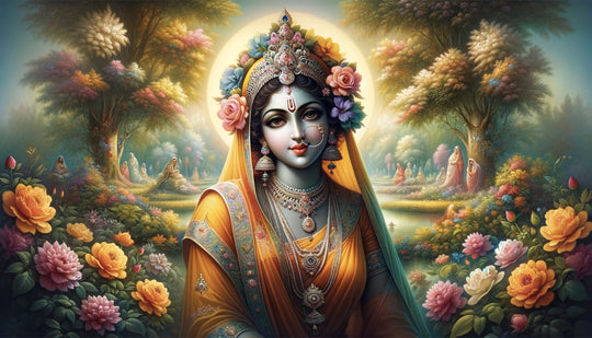 Radha the eternal beloved of Krishna in a lush garden setting, embodiment of devotional love