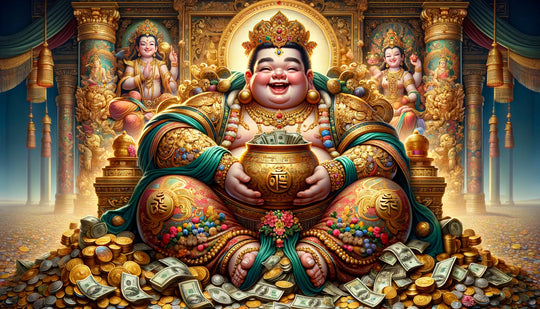 Kuber the Hindu lord of wealth seated cheerfully with a pot of money in traditional style
