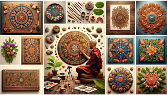 Los materiales y las técnicas utilizados para crear mandalas: arena coloreada, pintura, pétalos naturales y madera tallada dispuestos en conjunto