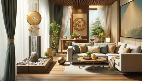 Un salon serein aménagé selon les principes du Feng Shui, avec des passages dégagés, une lumière naturelle douce et une plante verte en bonne santé
