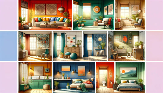 Un collage de pièces aménagées selon des palettes de couleurs Feng Shui, d’un salon chaleureux à une salle de bains apaisante aux tons bleus et verts