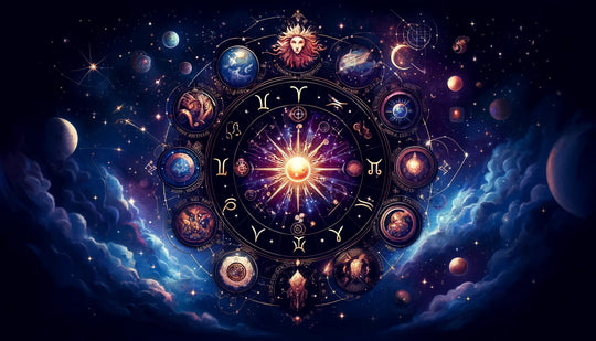Western astrology illustration with the twelve zodiac symbols set against a starry night sky and constellations