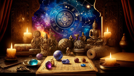 Vedic astrology Jyotish illustration showing planetary symbols beneath a star-filled Indian night sky