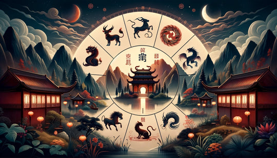Chinese astrology illustration with the twelve animal signs over a traditional landscape of mountains and a calm river