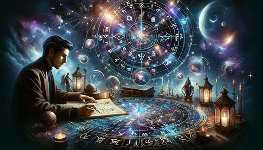 Horary astrology illustration featuring a detailed astrological chart and houses beneath a constellation-filled sky