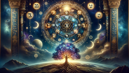 Kabbalistic astrology illustration with Hebrew letters and the Tree of Life sefirot among celestial bodies