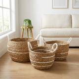 Cestas grandes de algodón y hierba marina – Rayas naturales – Juego de 3