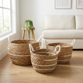 Cestas grandes de algodón y hierba marina – Rayas naturales – Juego de 3