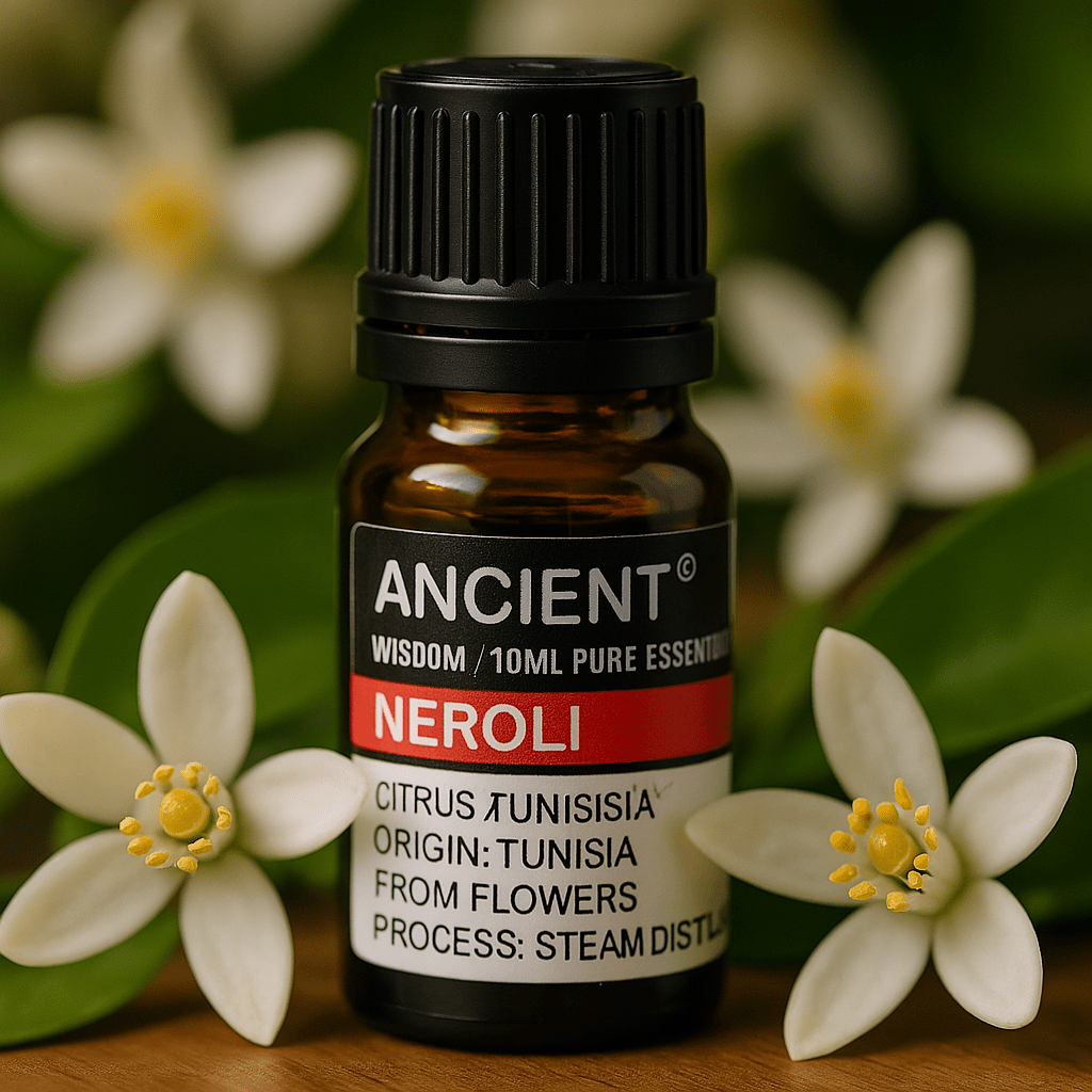 10ml bottle of pure Neroli essential oil with white citrus flowers on green leaves background