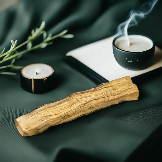 Una varilla de madera sagrada de Palo Santo encendida, que libera una fina espiral de humo fragante durante un ritual de purificación