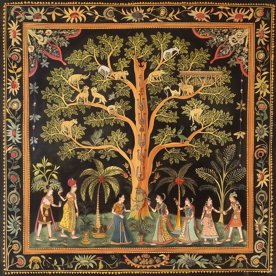 Hagyományos odishai Pattachitra tekercskép finom vonalvezetéssel és meleg, természetes színekkel, amely az Úr Jagannath életének egy jelenetét ábrázolja