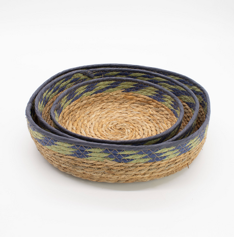 Cestos de Tabua e Erva-Marinha - Verde Natural e Azul - Conjunto de 3