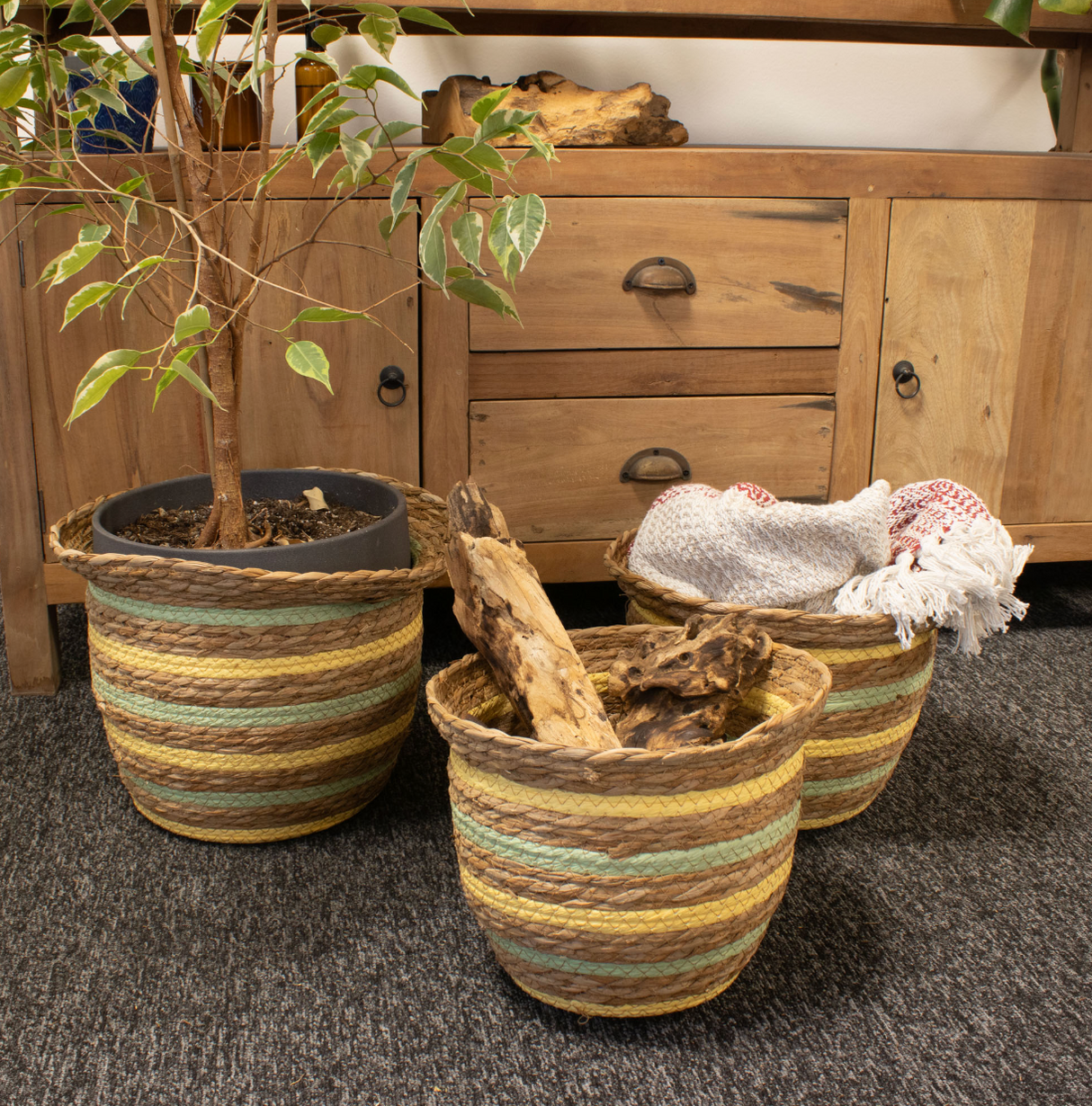 Seagrass & Straw Vase Shaped Baskets  - Natural Yellow & Green - Set of 3