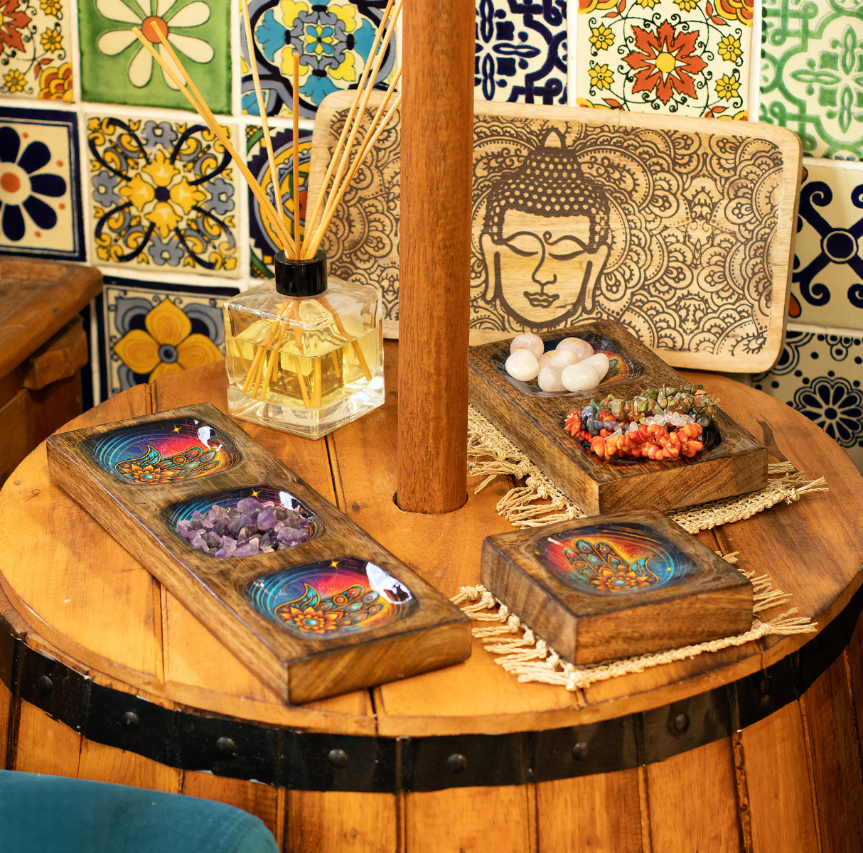 Set tavă medie din mango emailat - Hamsa