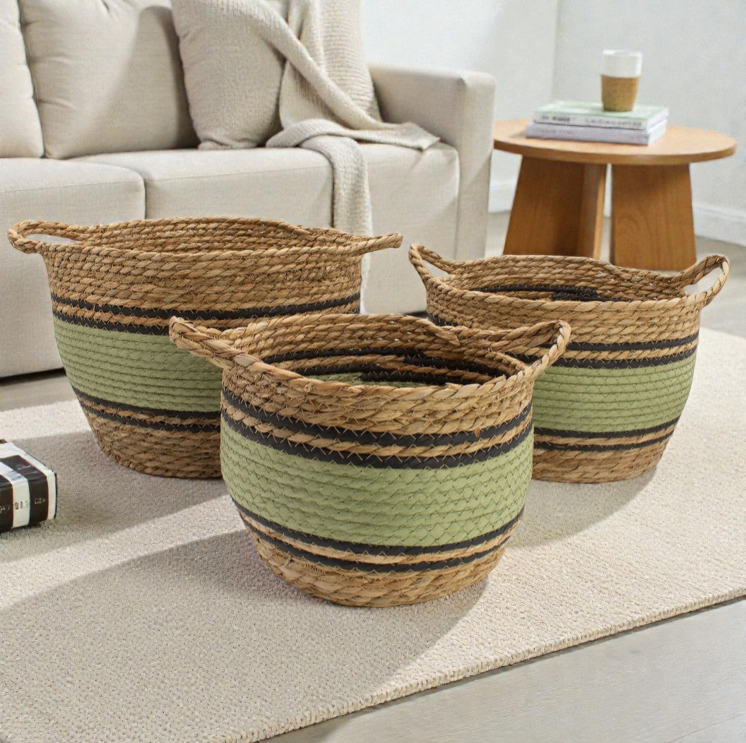 Cestas Grandes de Algodón y Hierba Marina – Natural Negro y Verde - Juego de 3