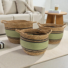 Cestas Grandes de Algodón y Hierba Marina – Natural Negro y Verde - Juego de 3