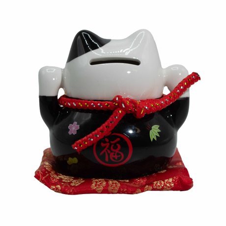 Керамическая копилка Кот с деньгами – черный на подушке