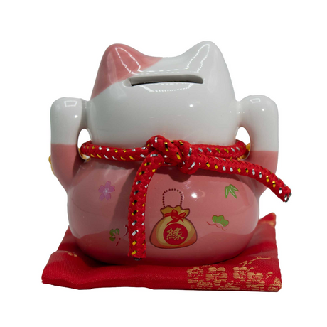 Керамическая копилка Кошка с деньгами – розовая на подушке