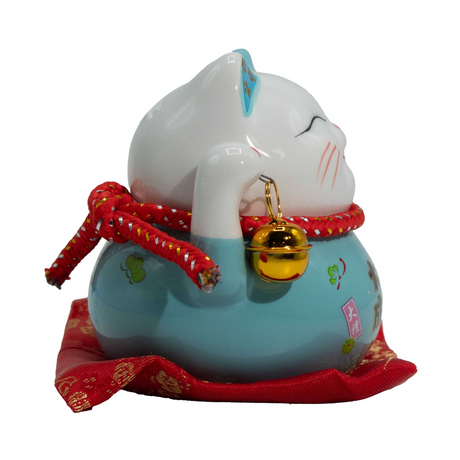 Керамическая копилка Кошка с деньгами – синяя на подушке