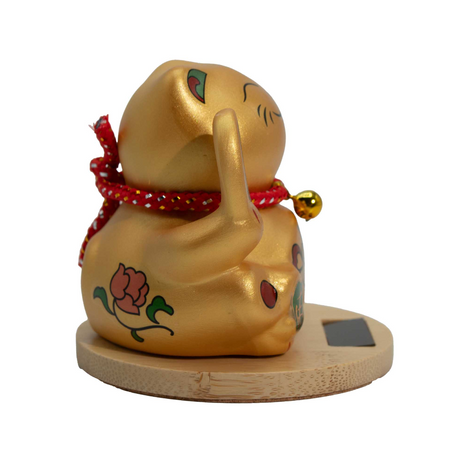 Солнечный Кот Денег на Деревянной Подставке – Золотая Двигающаяся Лапа