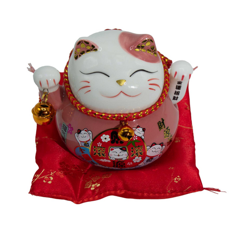 Керамическая Кошка с Движущейся Лапой – Розовая на Подушке