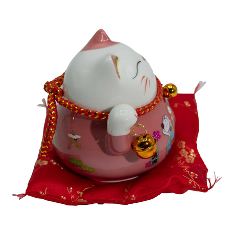 Керамическая Кошка с Движущейся Лапой – Розовая на Подушке