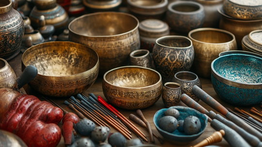 Tibetské a krištáľové spievajúce misy so semišovou paličkou, najčastejšie používané nástroje pri zvukovej terapii na relaxáciu a upokojenie