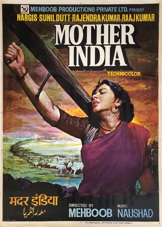 Ilustrovaný záber z filmu Mother India zobrazujúci odolnú matku roľníčku, ktorá obrába pôdu na vidieku agrárnej Indie