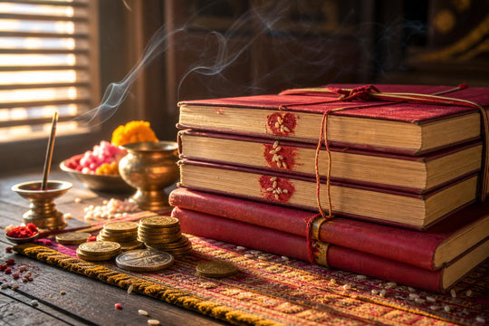 Des livres de comptes rouges empilés, marqués de vermillon et de riz, avec de la fumée d’encens qui flotte au-dessus à la lumière du matin
