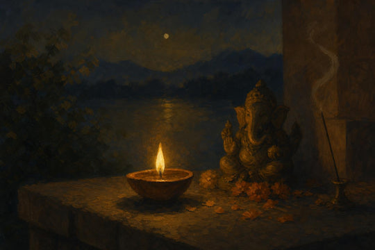 Une petite figurine de Ganesha en silhouette près d’une lampe à huile allumée et de fumée d’encens, marquant le début d’une nouvelle entreprise