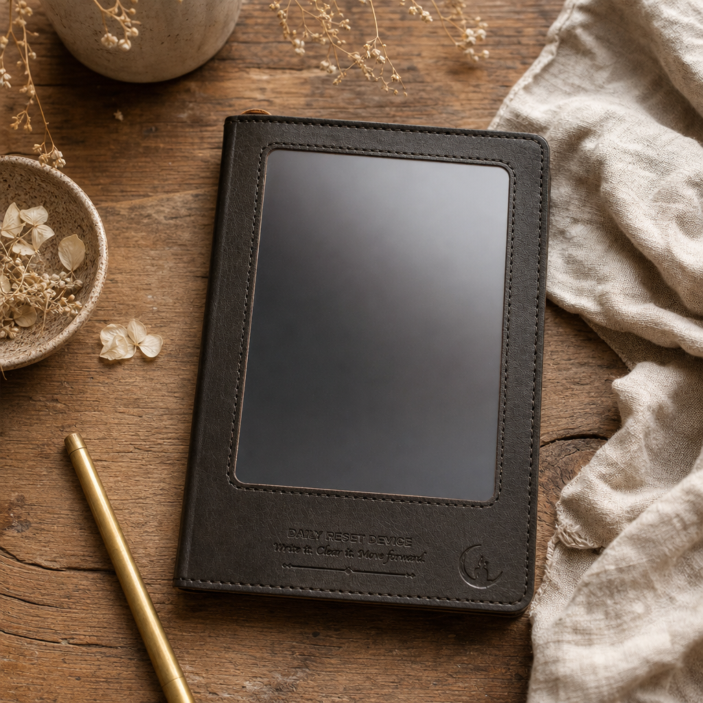 A5 Intention Note Book - LCD Wipe Screen - Black Leather Effect - 80 Leafs — styled in a warm, naturally lit interior