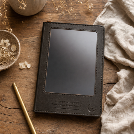 A5 Intention Note Book - LCD Wipe Screen - Black Leather Effect - 80 Leafs — styled in a warm, naturally lit interior