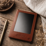 A5 Intention Note Book - LCD Wipe Screen - Brown Leather Effect - 80 Leafs — styled in a warm, naturally lit interior