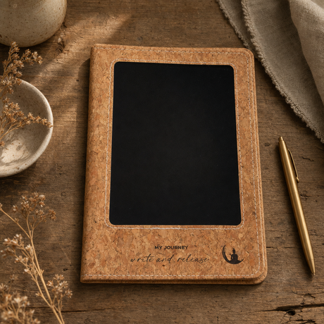 A5 Intention Note Book - LCD Wipe Screen - Cork Leather Effect - 80 Leafs — styled in a warm, naturally lit interior